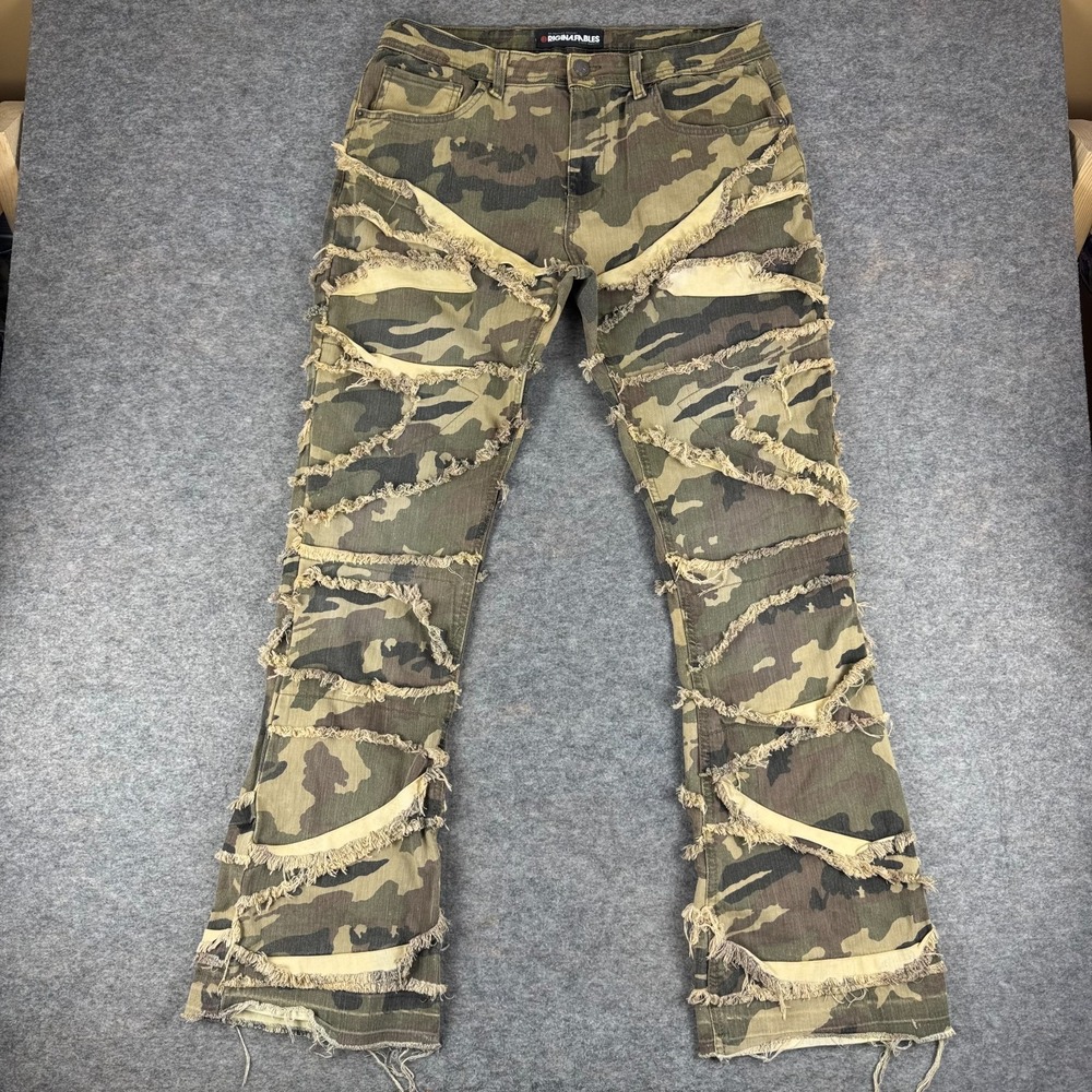 Original Fables Distressed Camo Stacked Jeans Frayed Flare Mens 36/34
